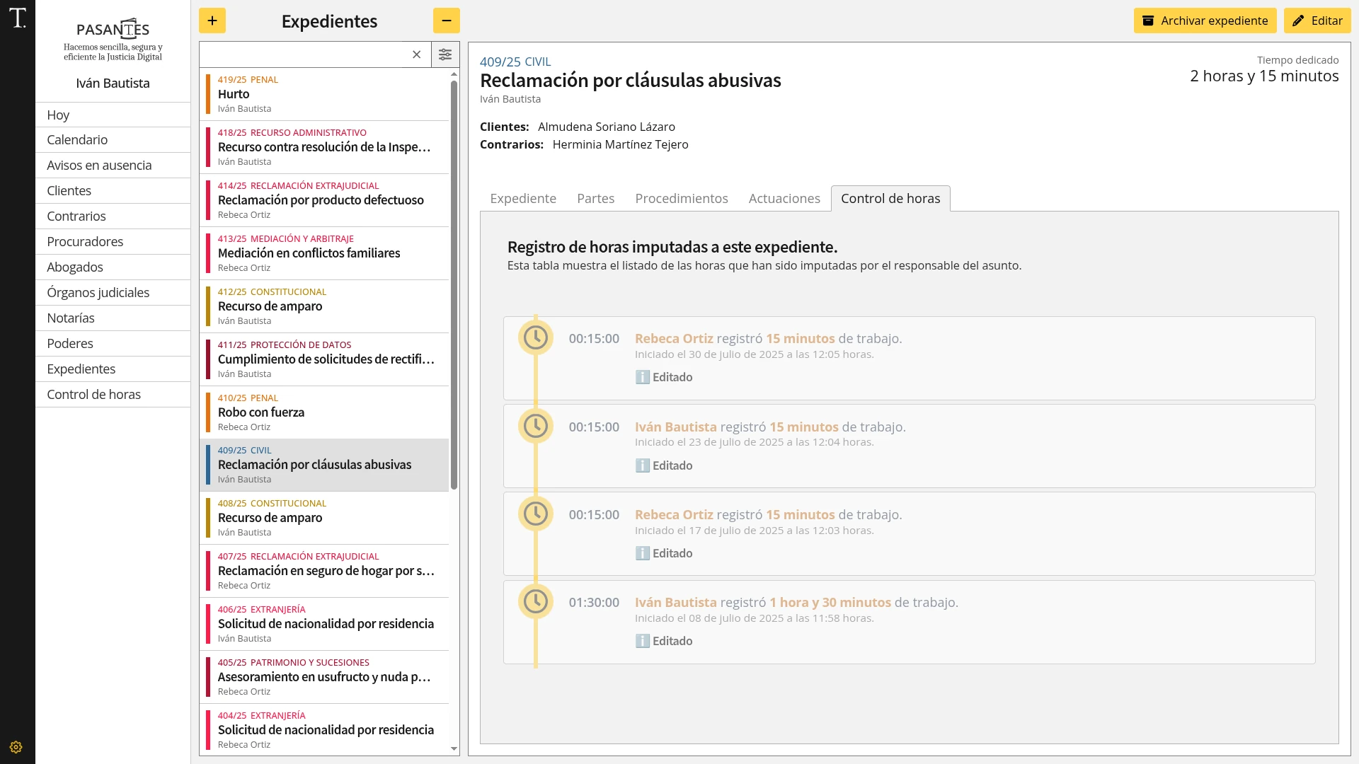 Control de tiempos y reportes de dedicación por expediente en pasantes®